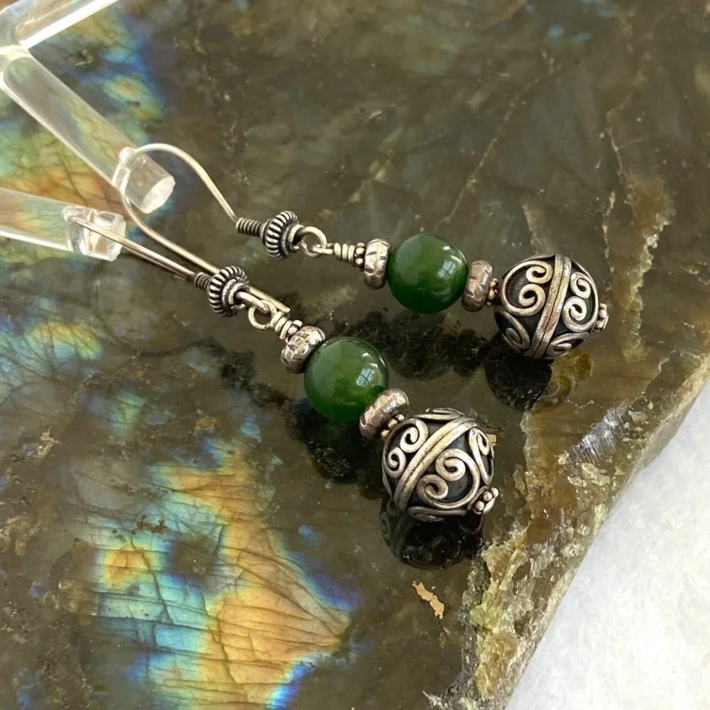 Sterling Silver 925 Round Beaded Nephrite Oxidized Scrollwork Dangle Earrings